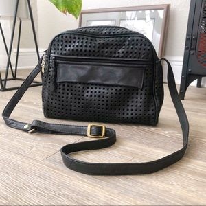 Vintage perforated black leather crossbody